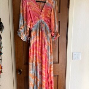Young Fabulous & Broke Tie-Dye V-Neck Maxi Dress in Pink, Orange & Gray